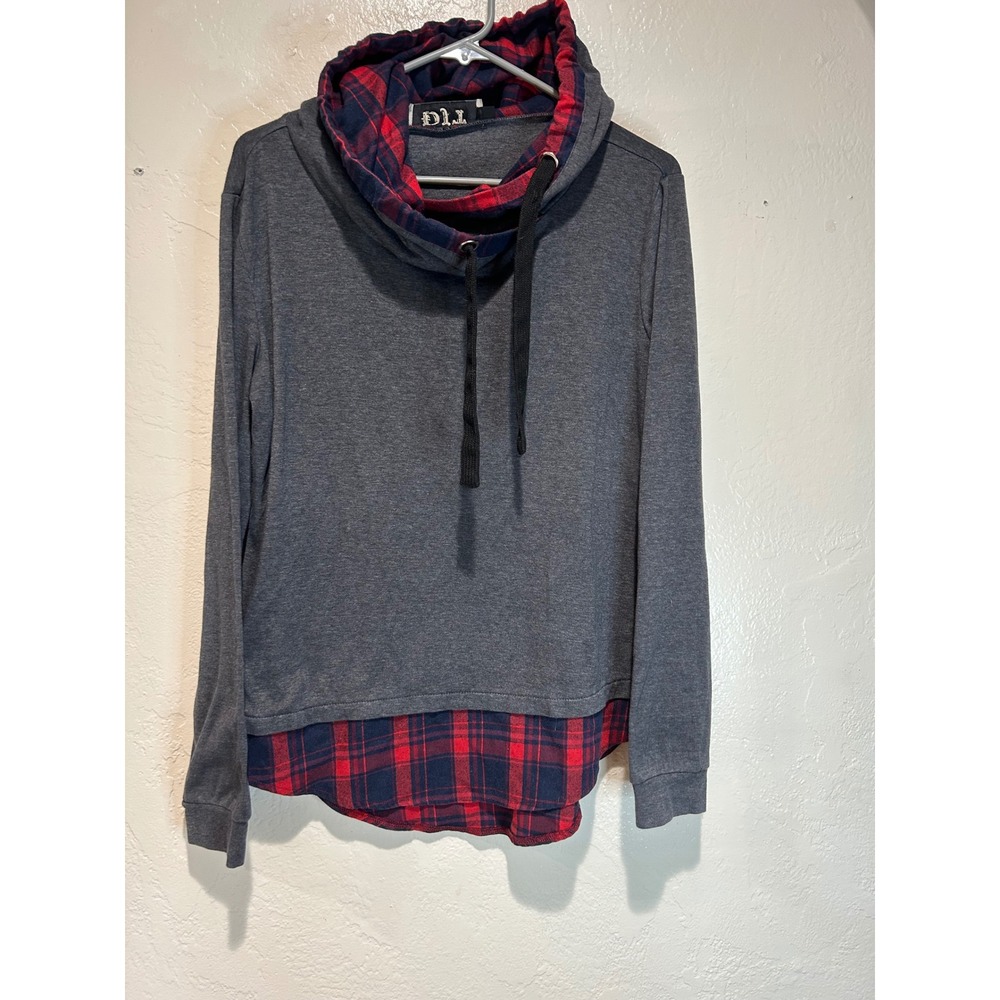DJT Womens Charcoal Gray Layered Plaid Cowl Neck Hoodie Sweater Size L‎